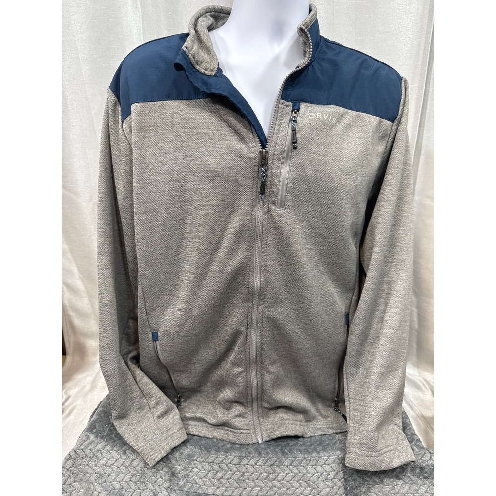 Orvis Mens Full Zip Fleece Jacket Grey Navy‎ Blue Contrast Shoulder Large L